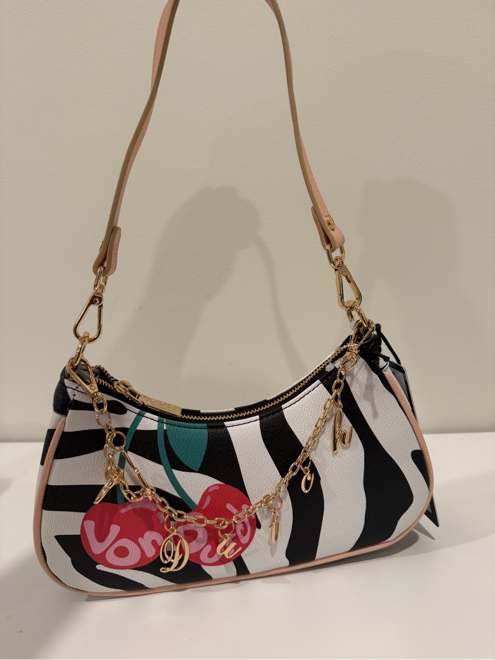 Cherry Print Shoulder Bag with Gold Charm Chain - Pink/Black